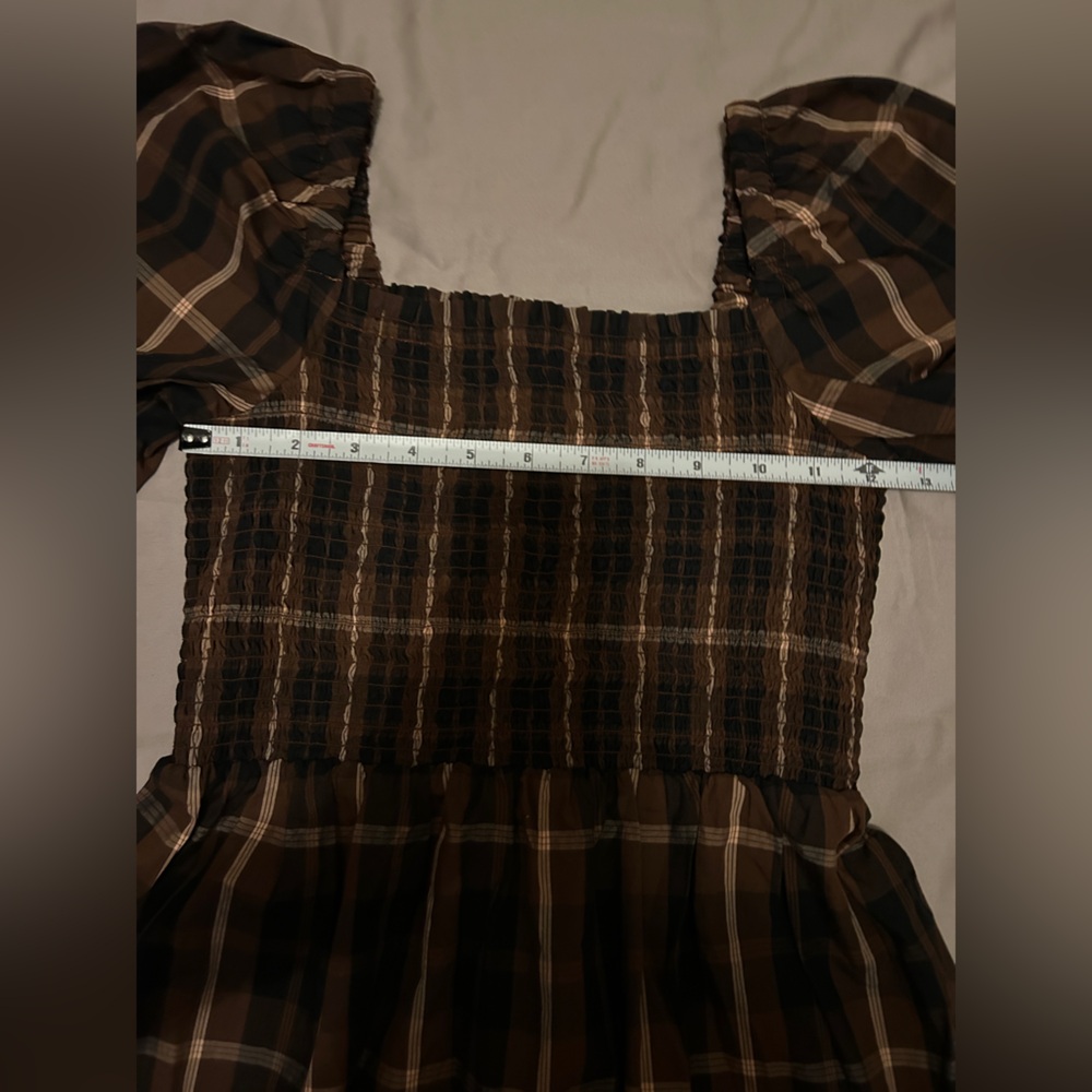 J Crew plaid print smocked midi dress in brown black Size XS - Picture 2 of 12